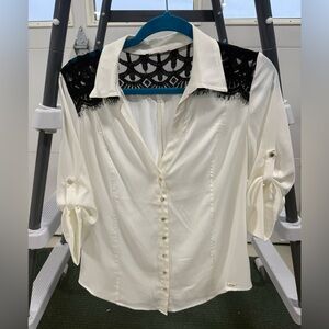 EUC Bebe Women's Cream Button-Front Blouse with Black Lace Details